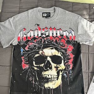 Godspeed Skull Graphic Tee - Gray/Black with Red Accents